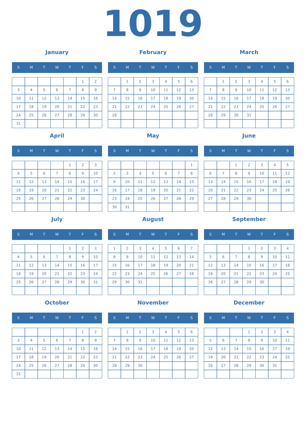 Printable 1019 Year Calendars blue