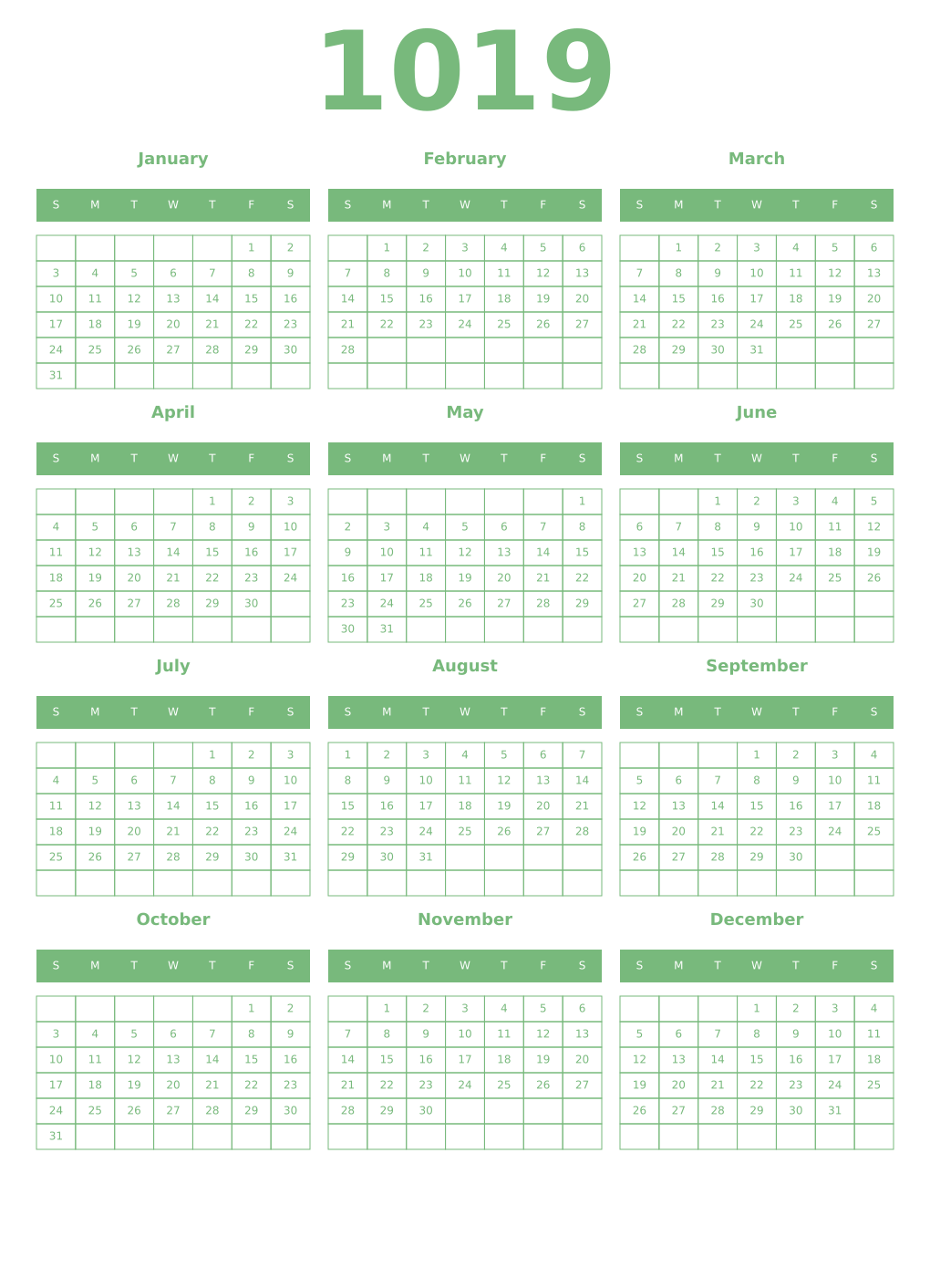 Printable 1019 Year Calendars celadon