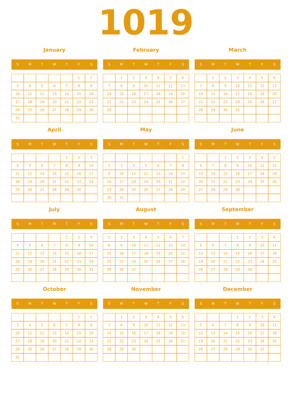 Printable 1019 Year Calendars gamboge