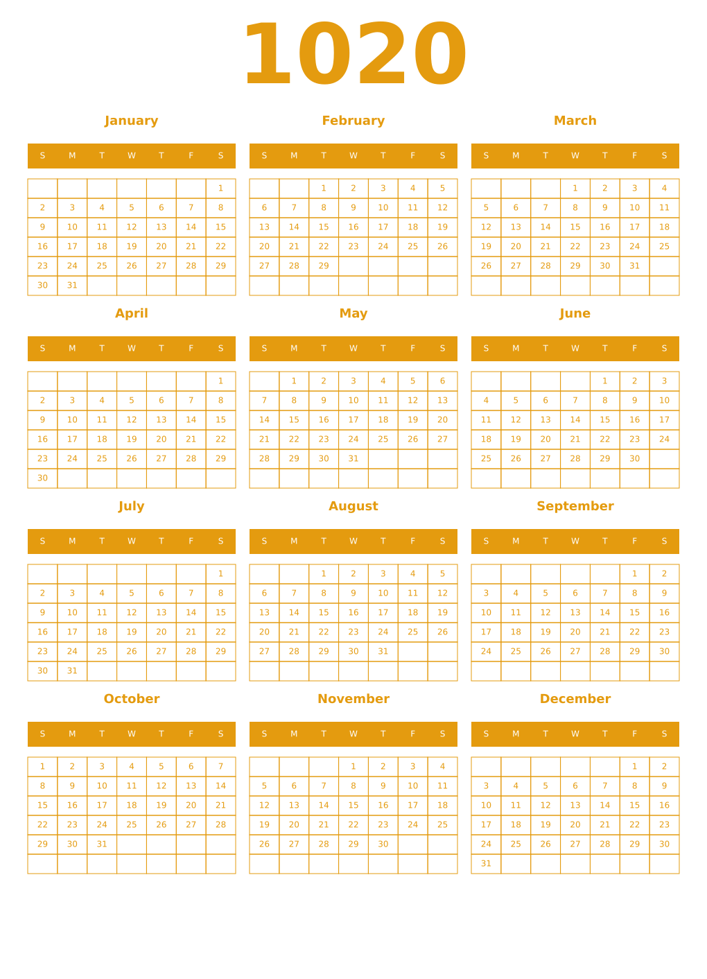 Printable 1020 Year Calendars gamboge