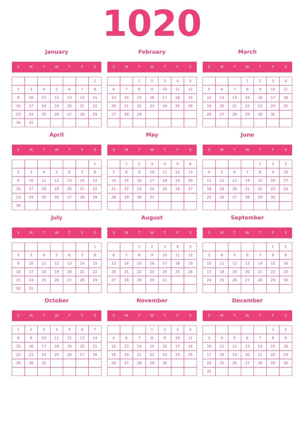 Printable 1020 Year Calendars pink