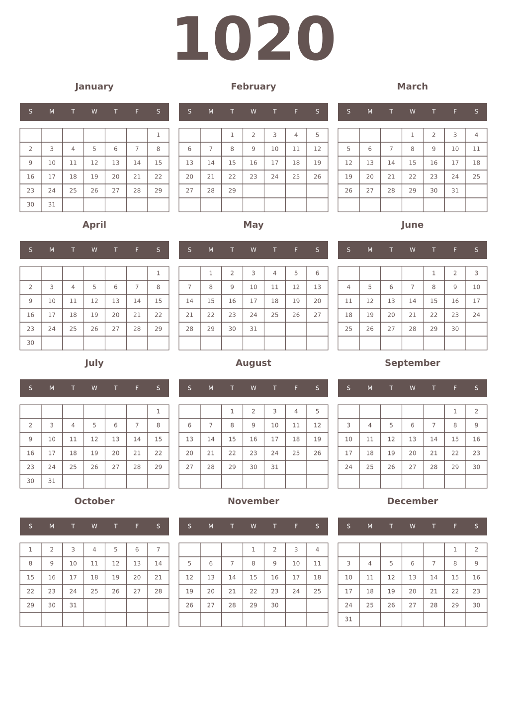 Printable 1020 Year Calendars wenge