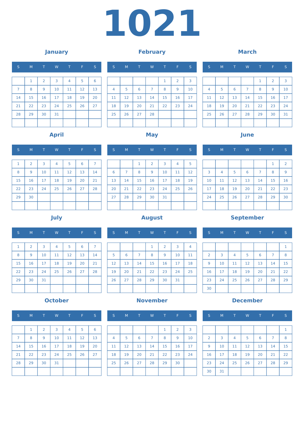 Printable 1021 Year Calendars blue