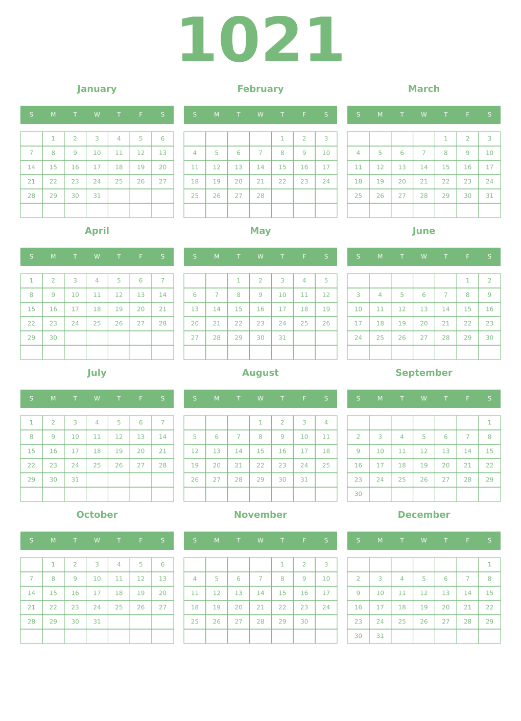 Printable 1021 Year Calendars celadon