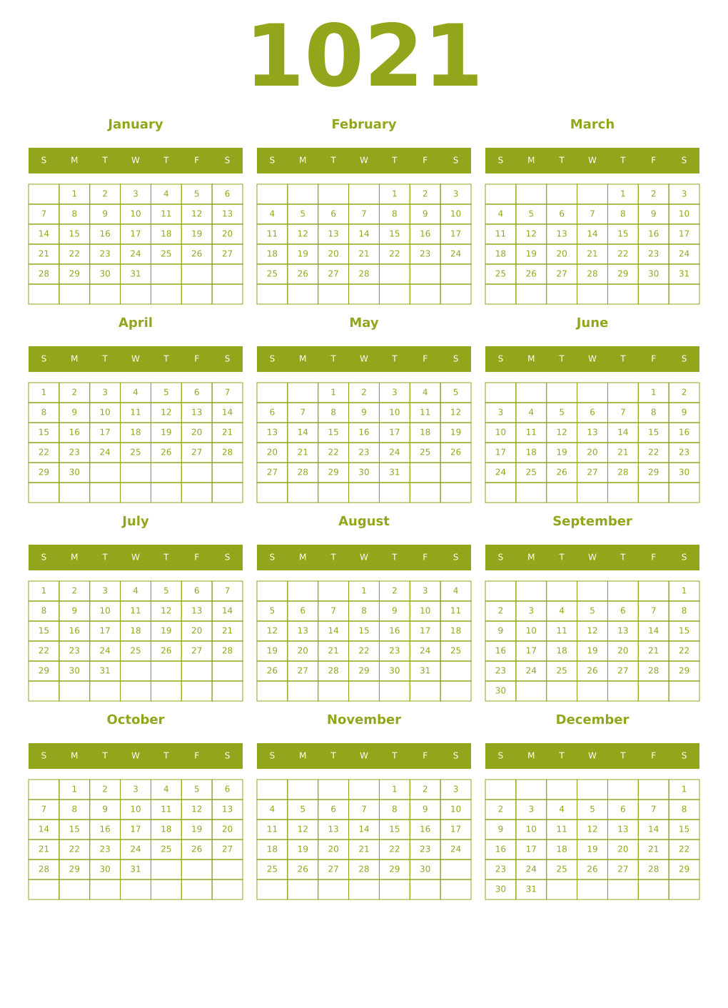 Printable 1021 Year Calendars chartreuse