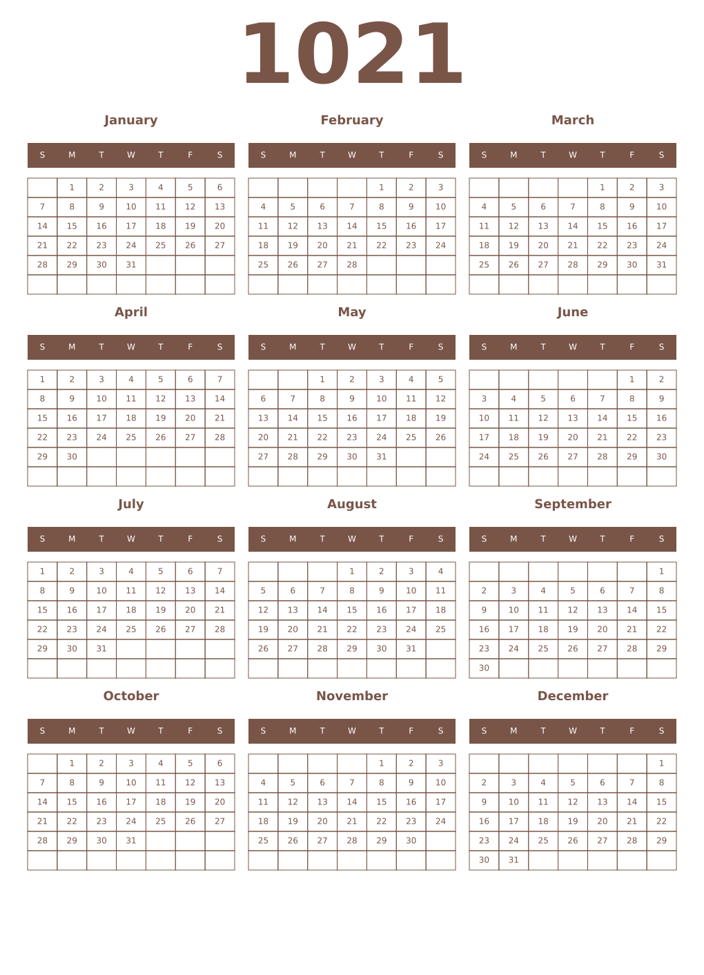 Printable 1021 Year Calendars coffe
