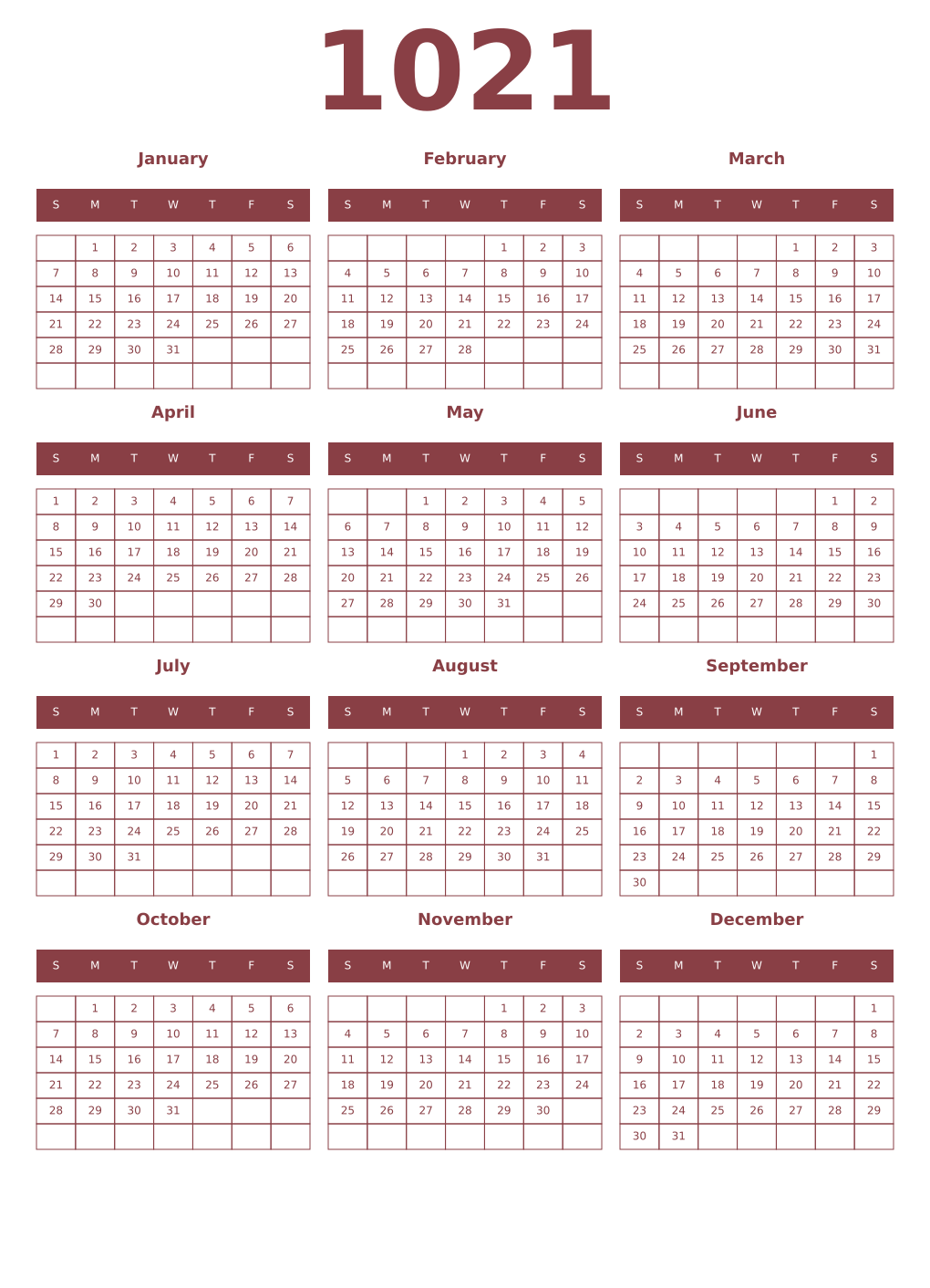 Printable 1021 Year Calendars cordovan