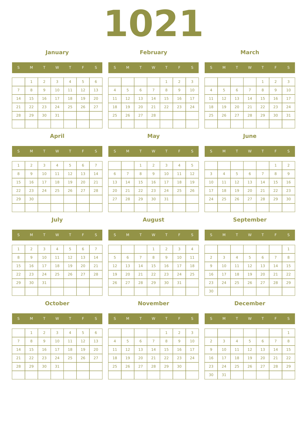 Printable 1021 Year Calendars eburnean