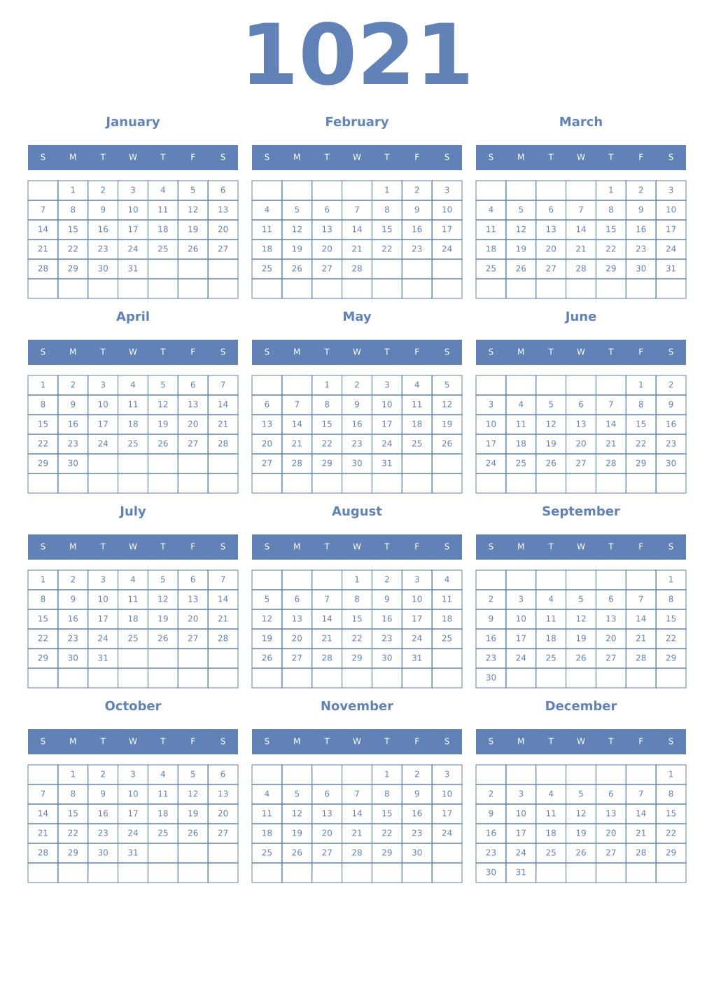 Printable 1021 Year Calendars glaucous