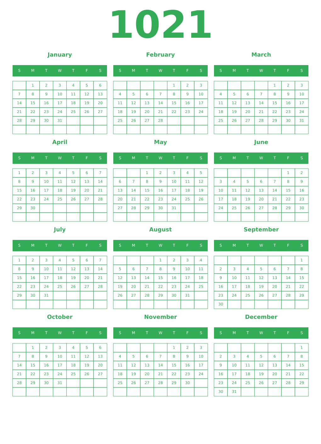 Printable 1021 Year Calendars green