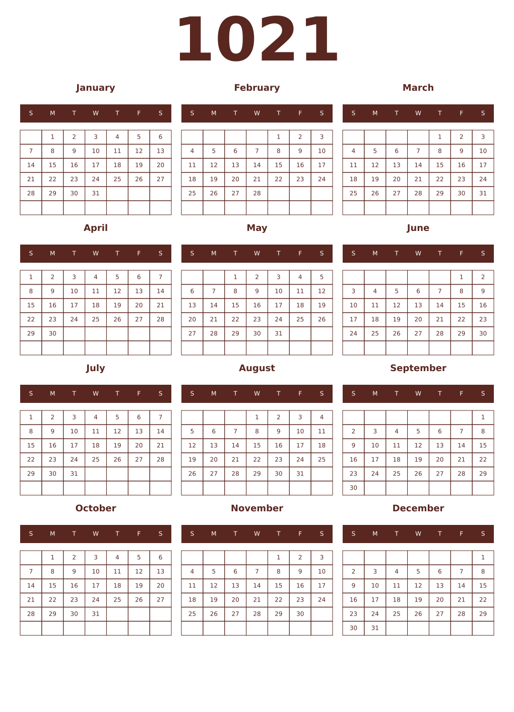 Printable 1021 Year Calendars mortuum
