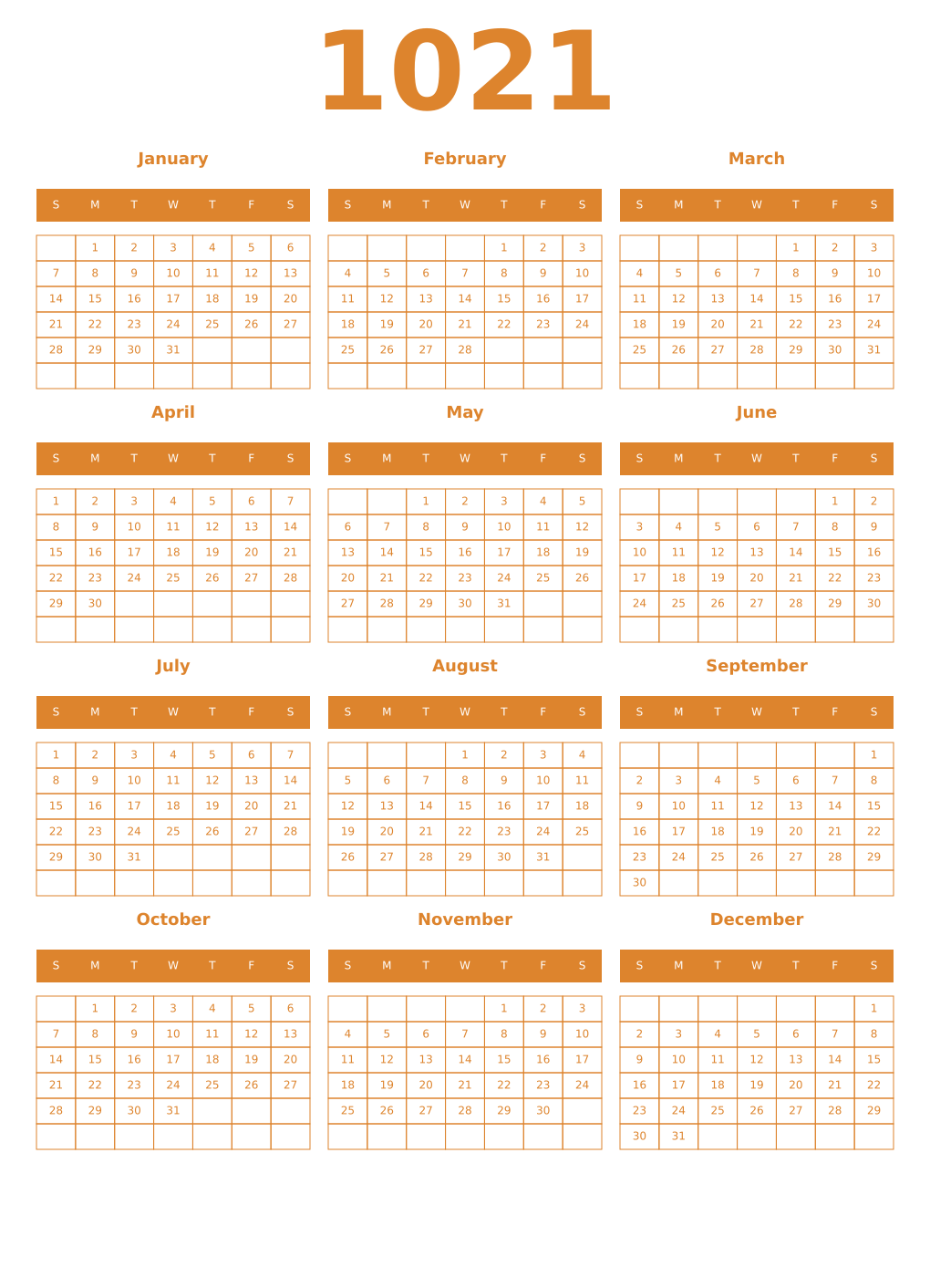 Printable 1021 Year Calendars orange