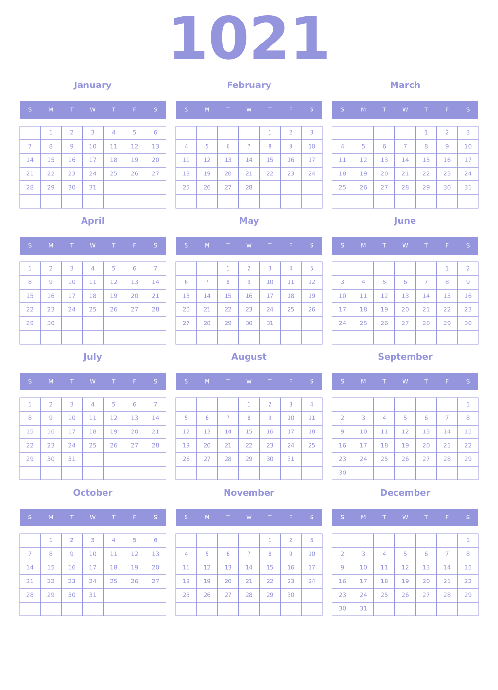Printable 1021 Year Calendars periwinkle