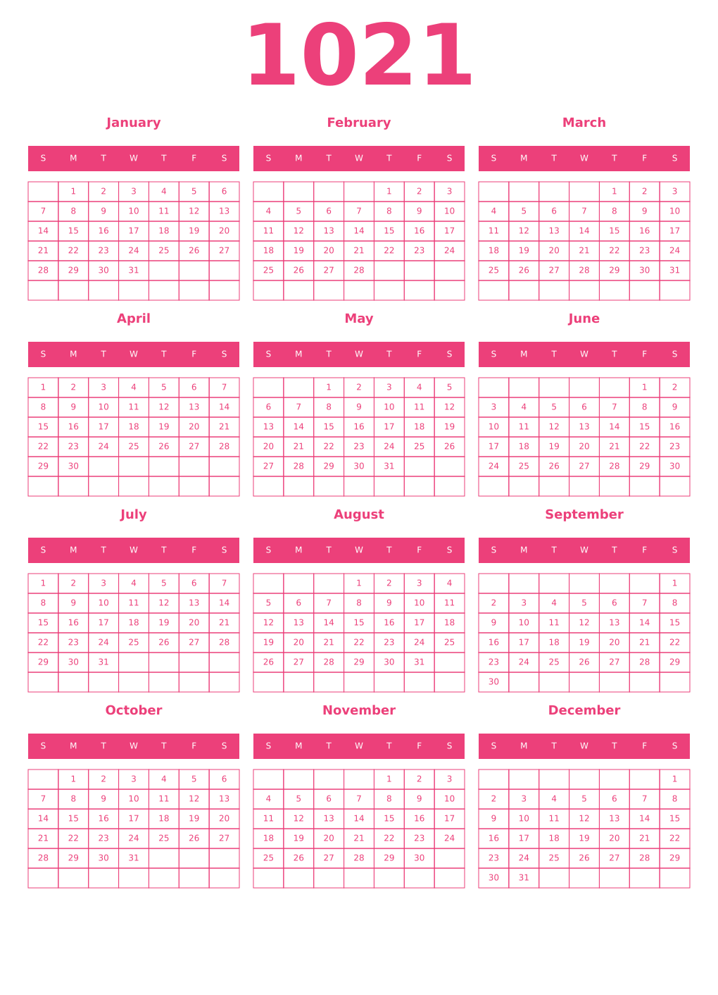 Printable 1021 Year Calendars pink