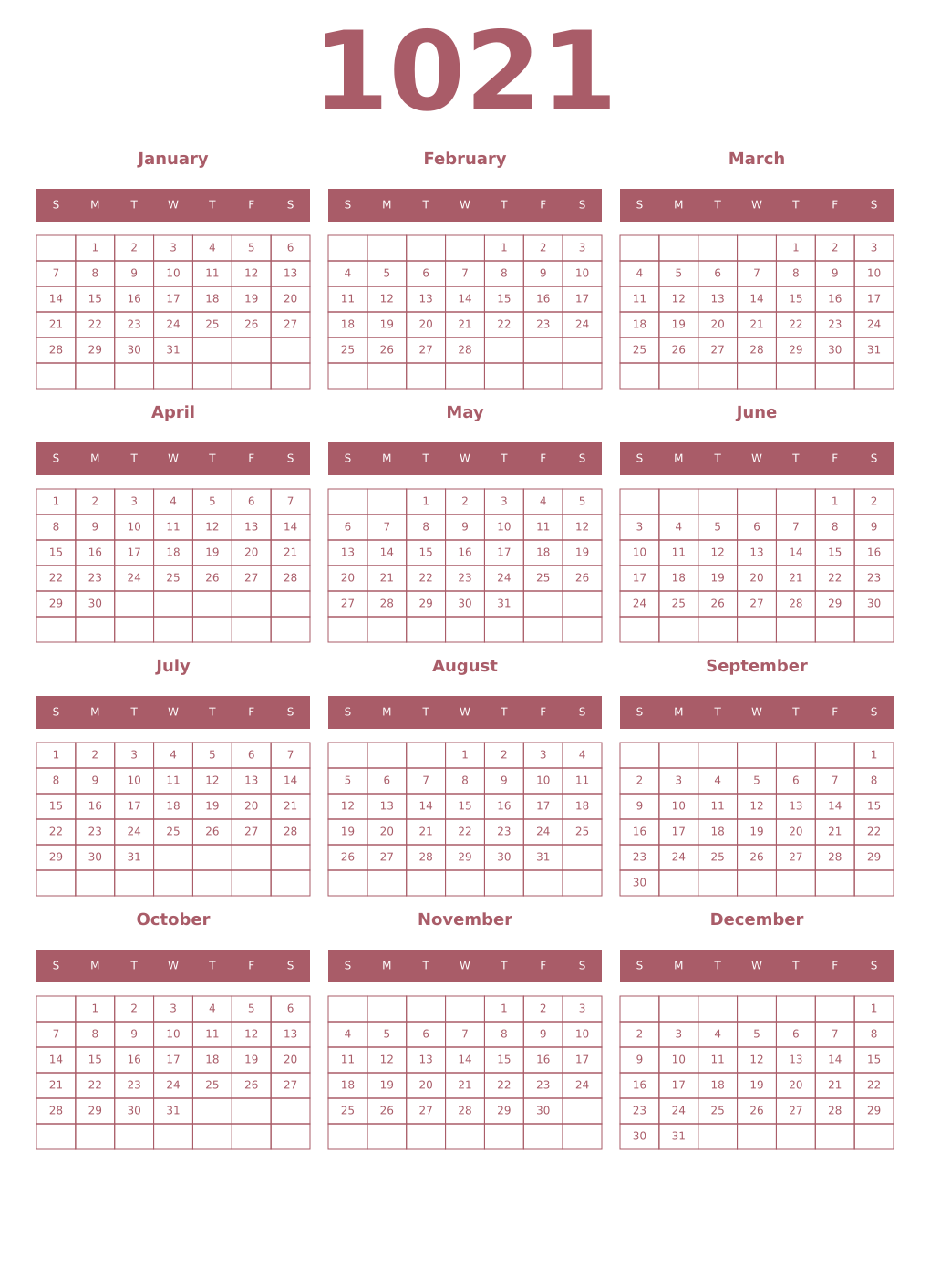 Printable 1021 Year Calendars puce