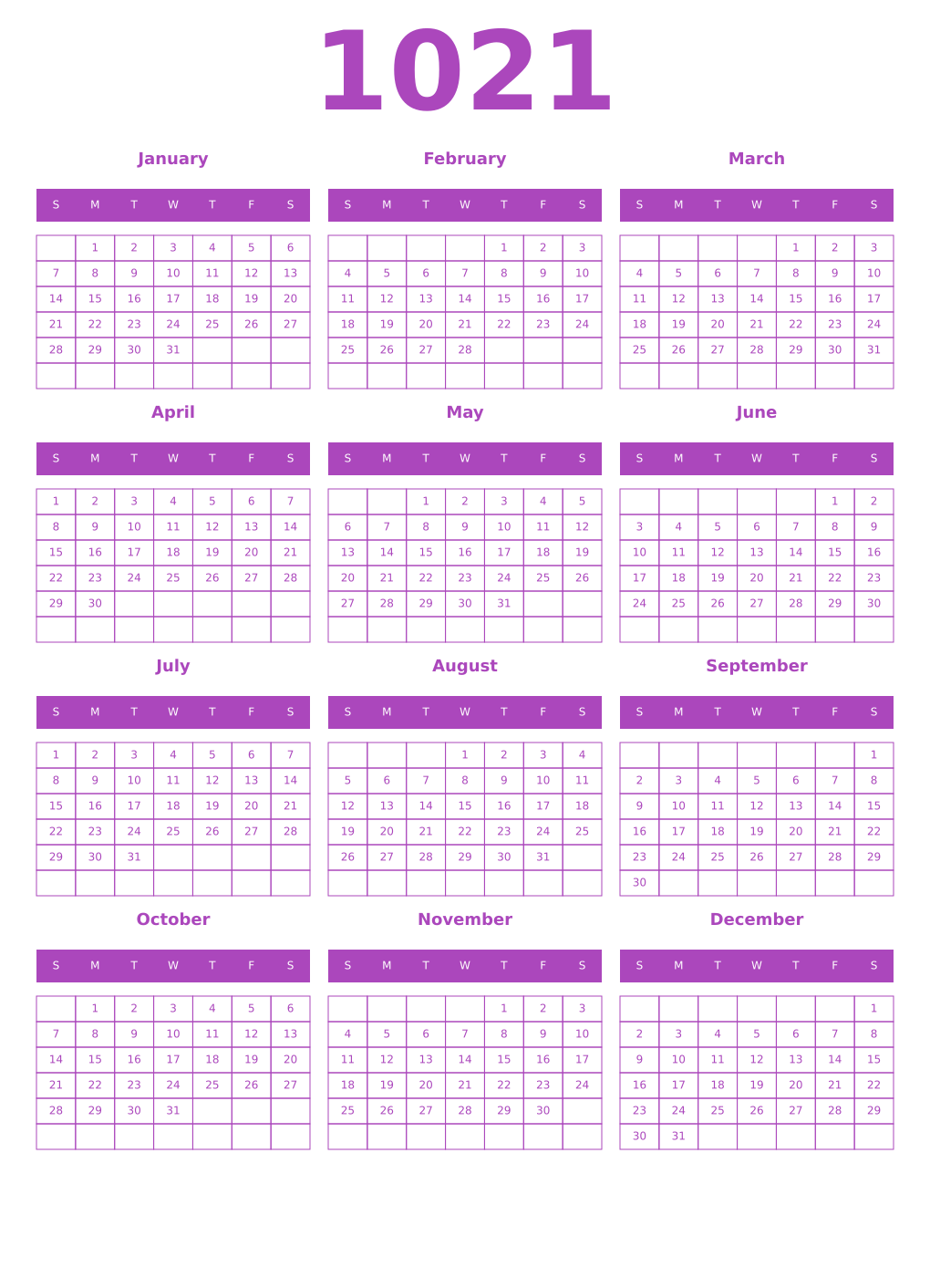 Printable 1021 Year Calendars purple