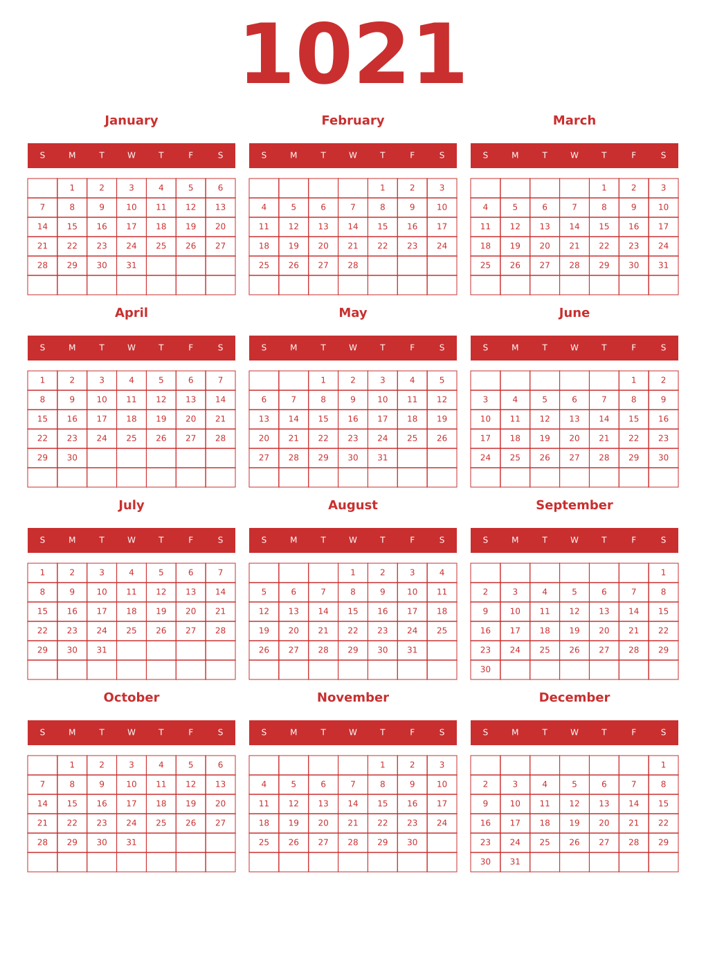 Printable 1021 Year Calendars red