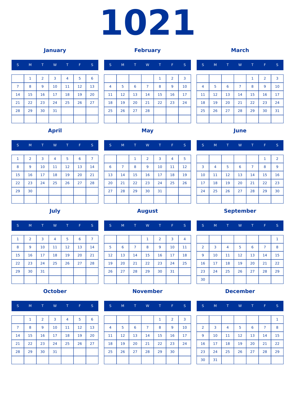 Printable 1021 Year Calendars smalt