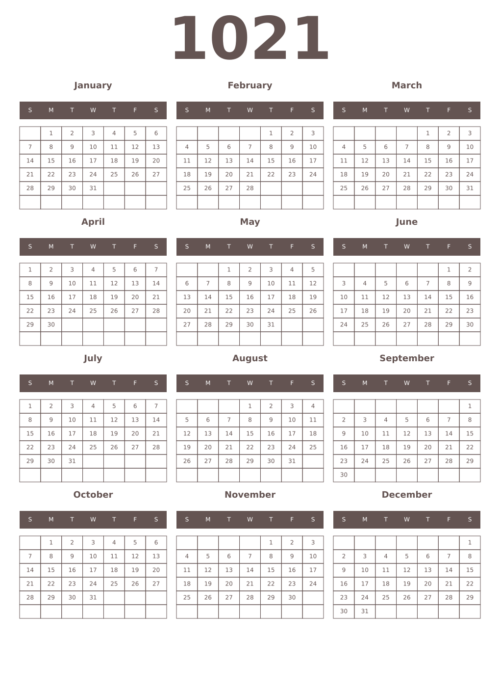 Printable 1021 Year Calendars wenge