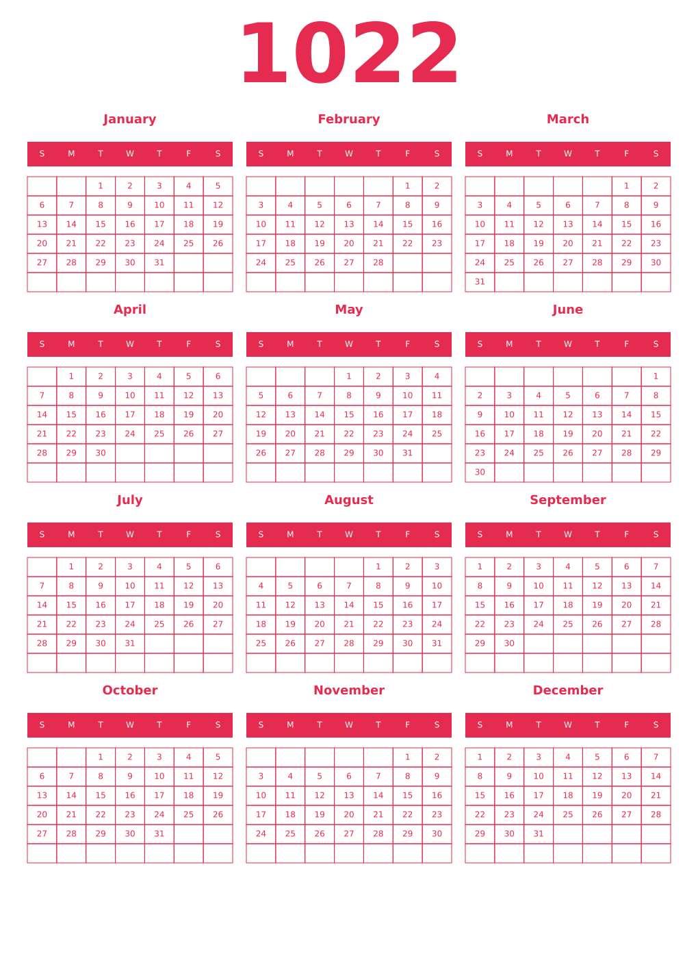 Printable 1022 Year Calendars amaranth