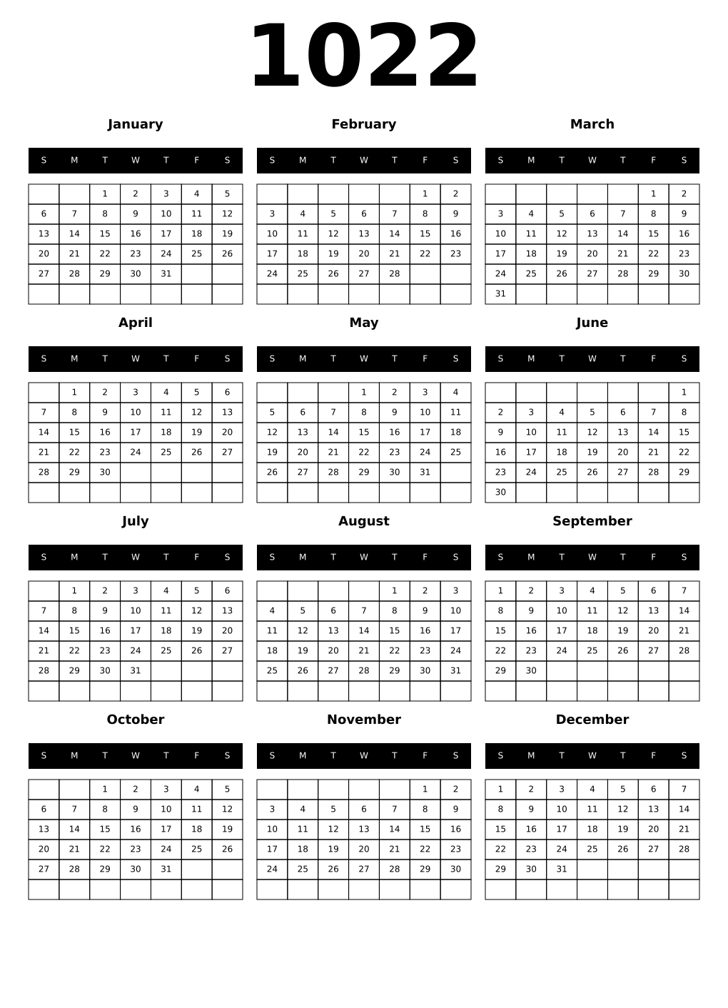 Printable 1022 Year Calendars black