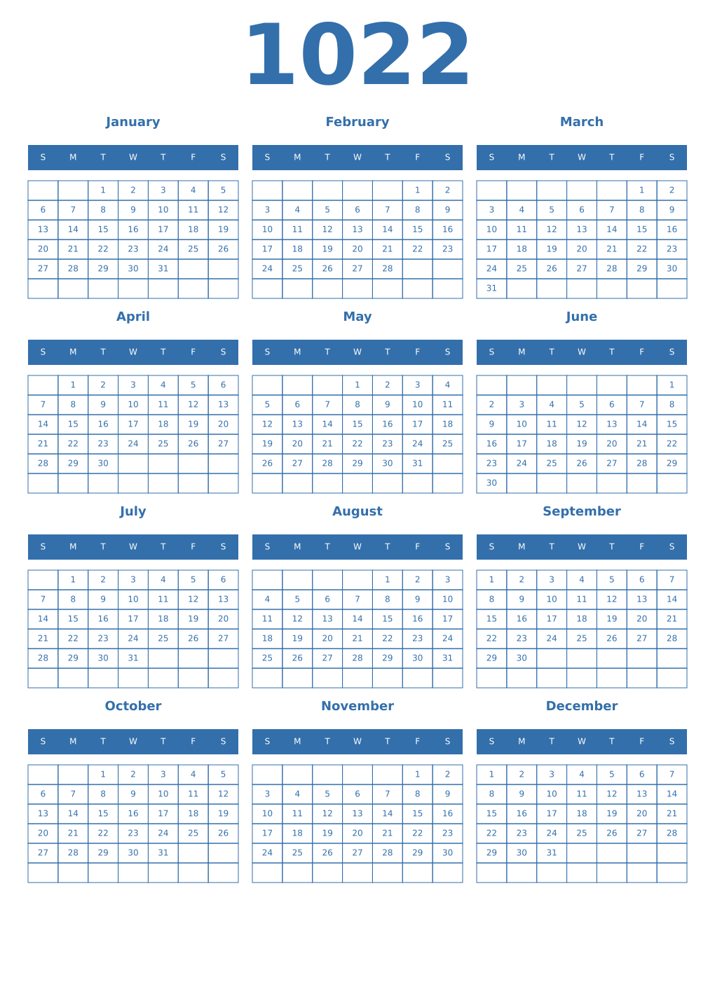 Printable 1022 Year Calendars blue