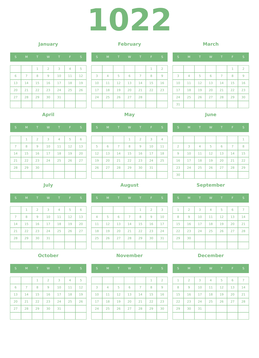 Printable 1022 Year Calendars celadon