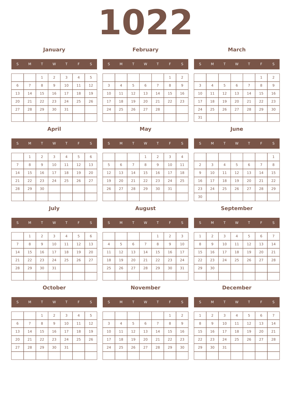 Printable 1022 Year Calendars coffe