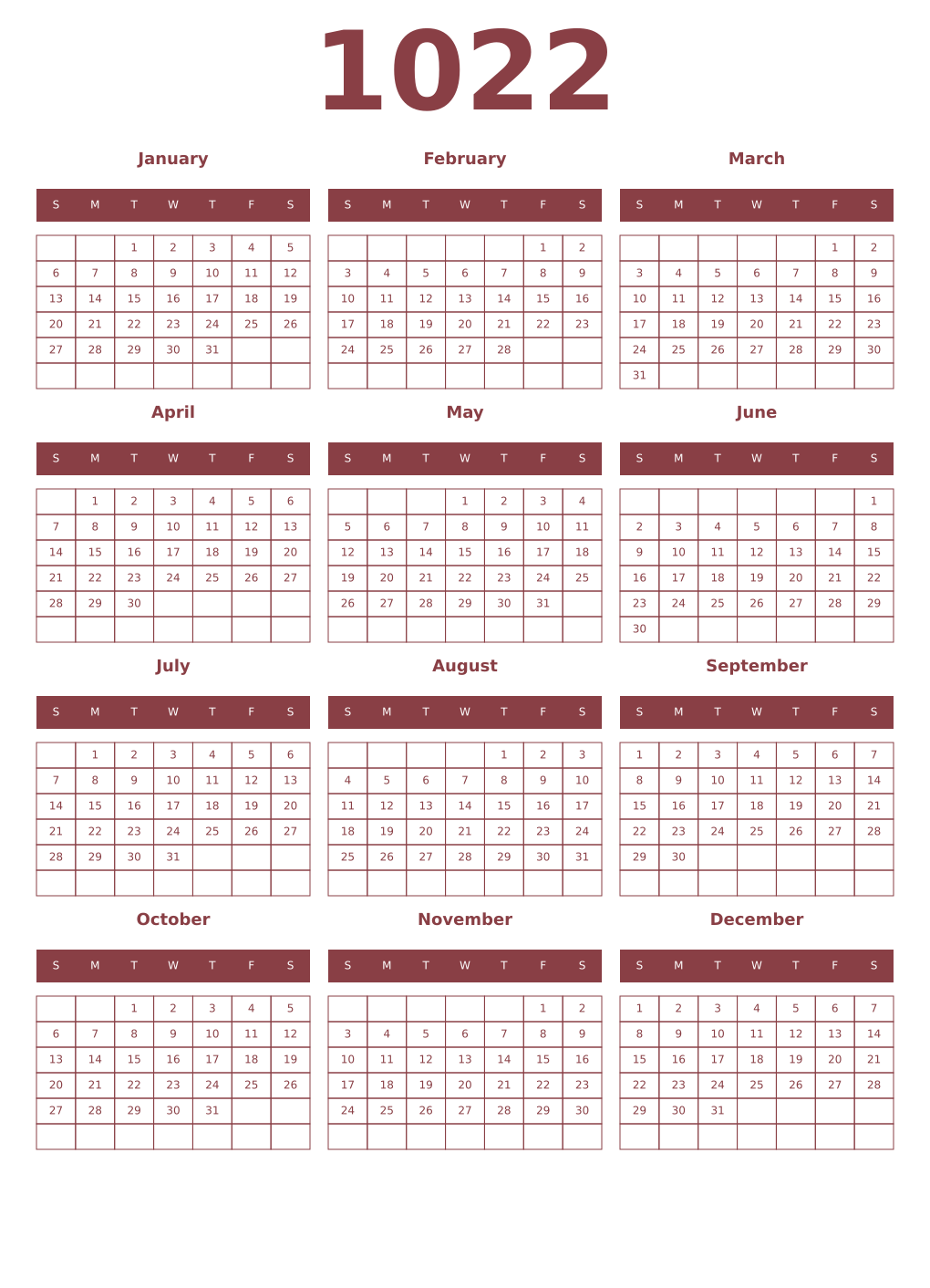 Printable 1022 Year Calendars cordovan