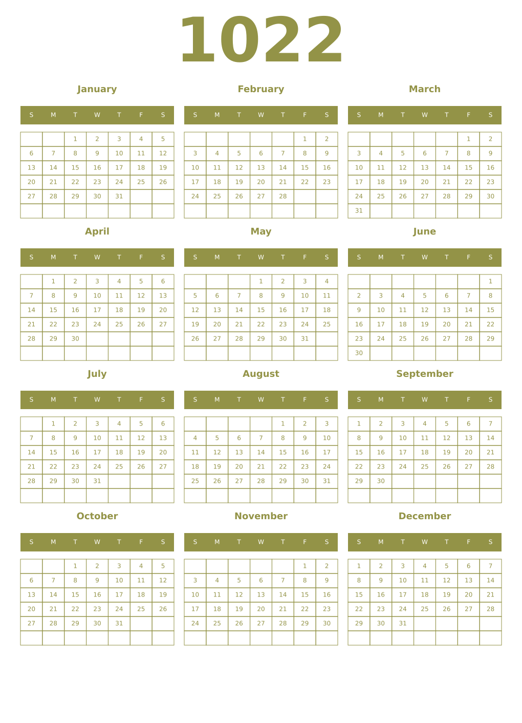 Printable 1022 Year Calendars eburnean