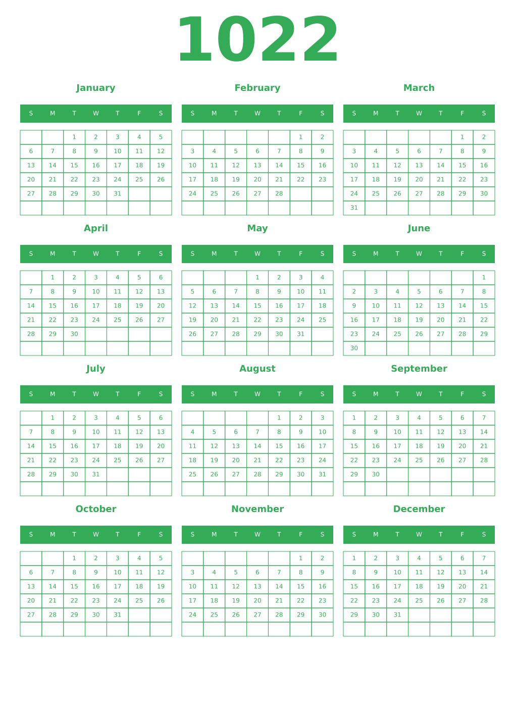 Printable 1022 Year Calendars green