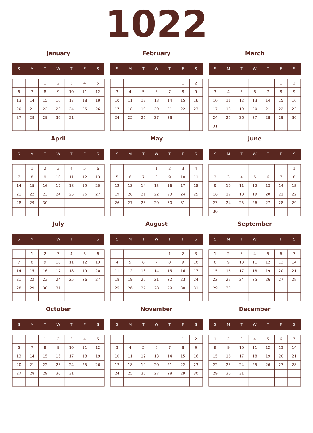 Printable 1022 Year Calendars mortuum