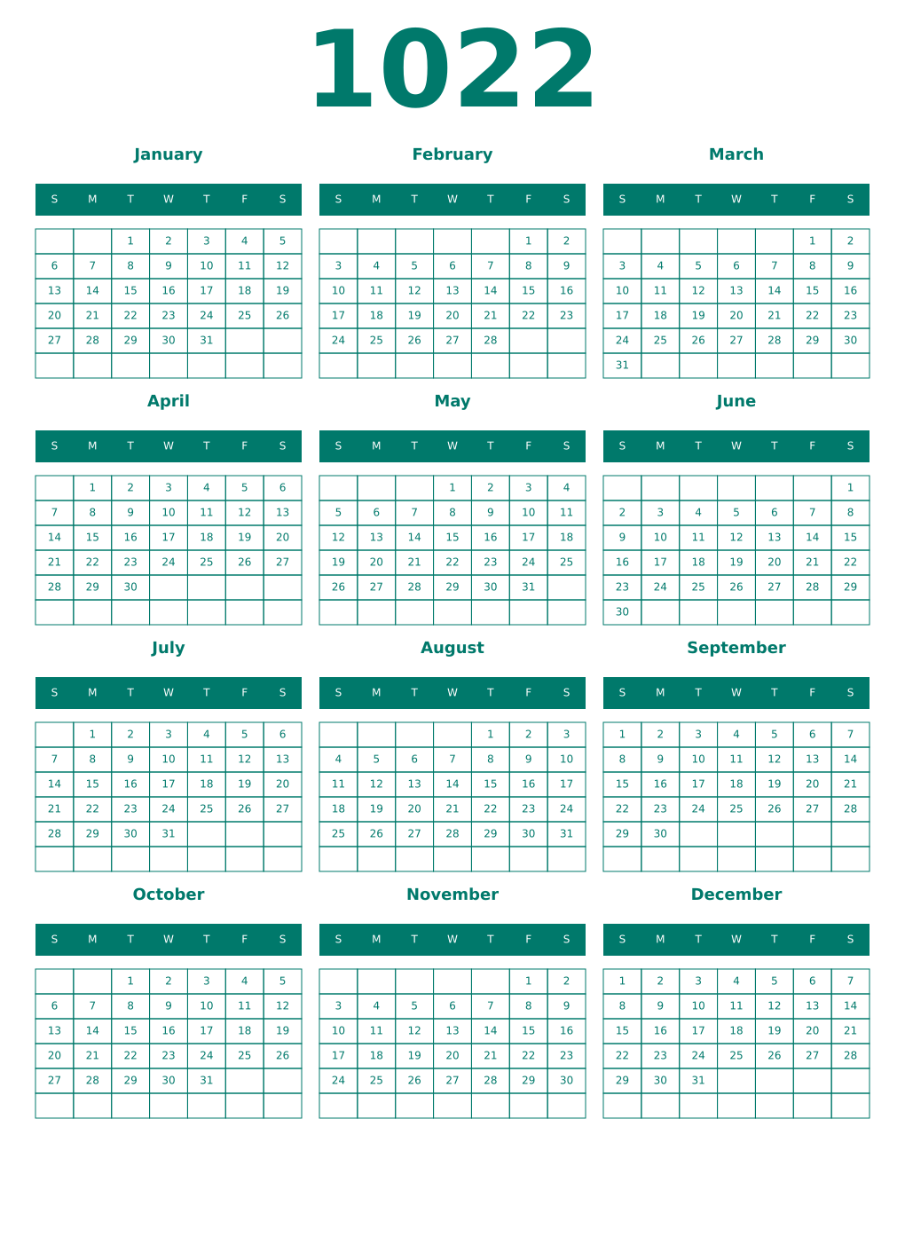 Printable 1022 Year Calendars pastel