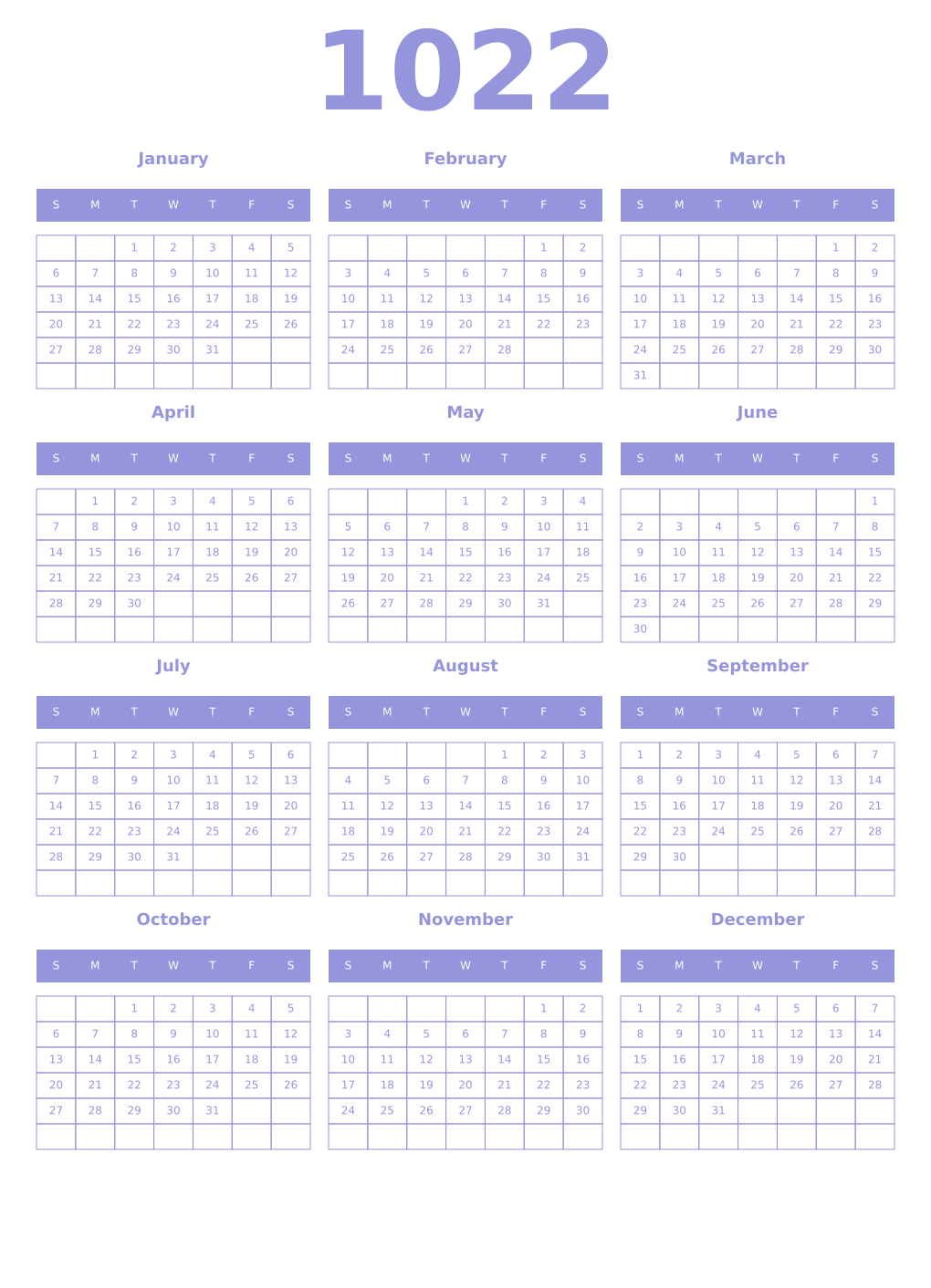 Printable 1022 Year Calendars periwinkle