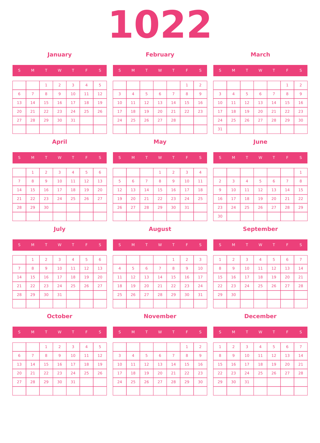 Printable 1022 Year Calendars pink
