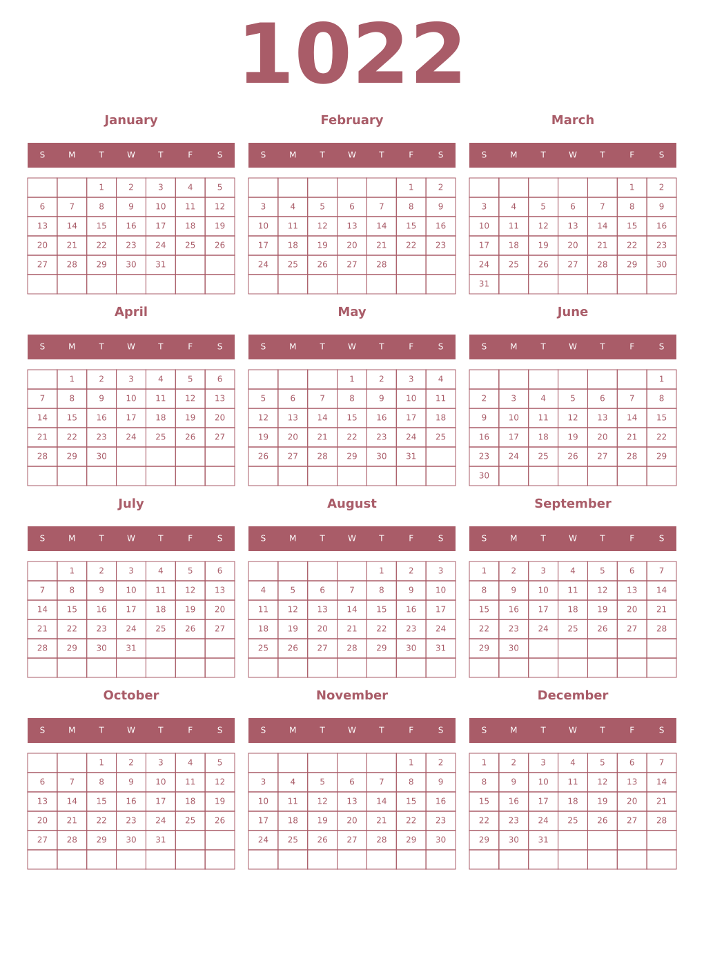 Printable 1022 Year Calendars puce