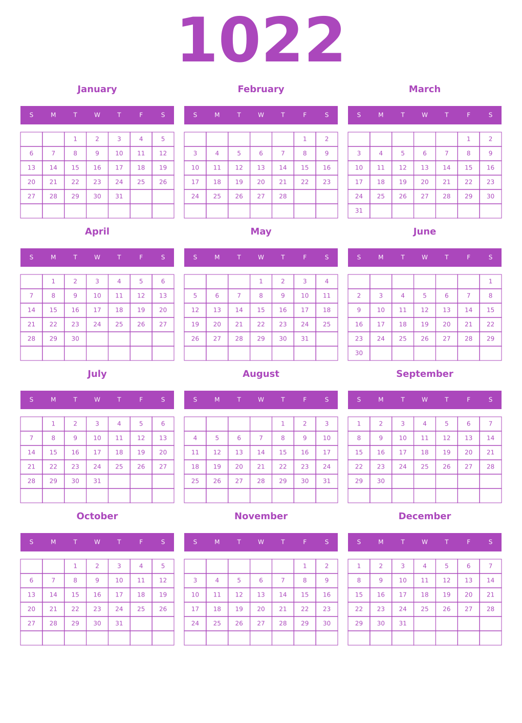 Printable 1022 Year Calendars purple