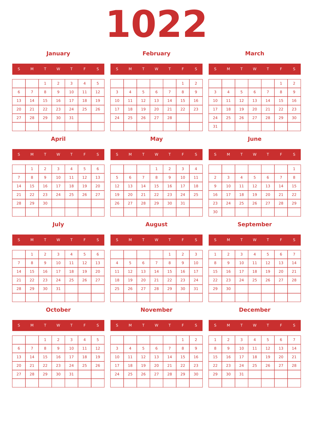Printable 1022 Year Calendars red