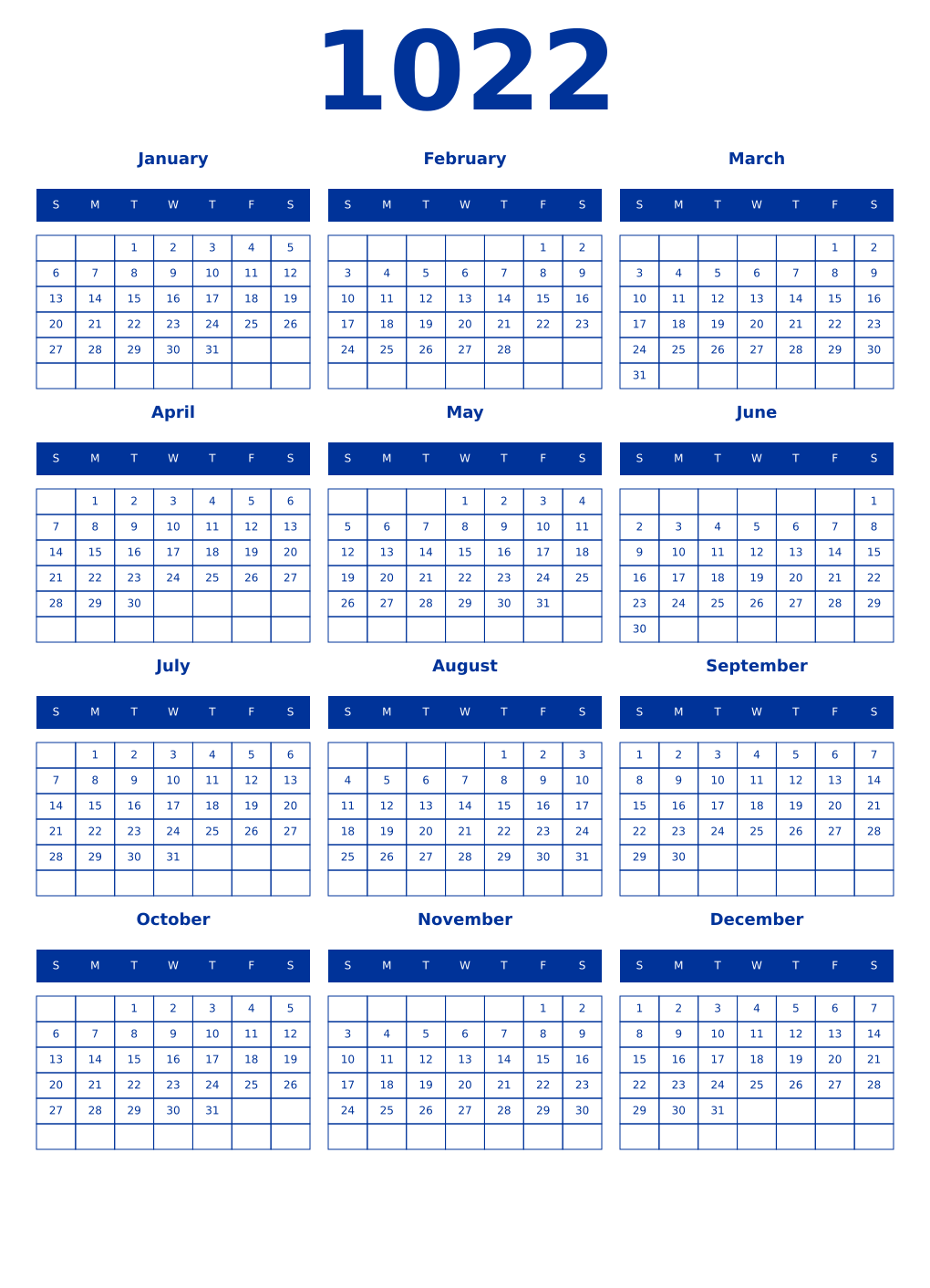 Printable 1022 Year Calendars smalt