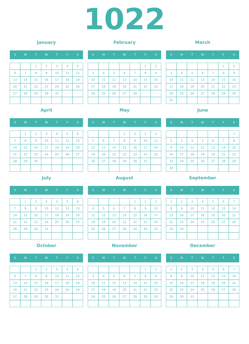 Printable 1022 Year Calendars verdigris