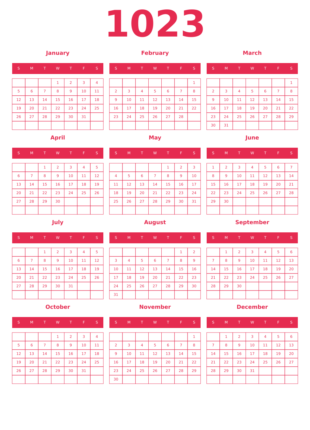 Printable 1023 Year Calendars amaranth