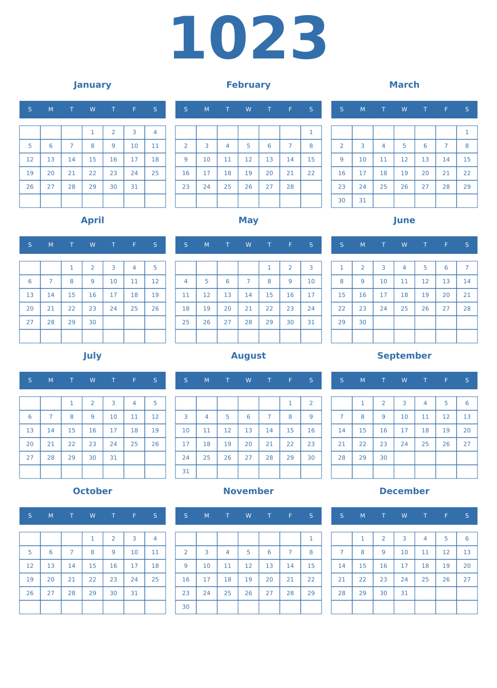 Printable 1023 Year Calendars blue