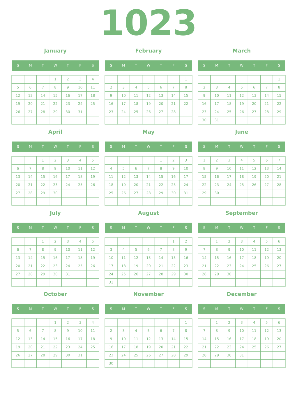 Printable 1023 Year Calendars celadon