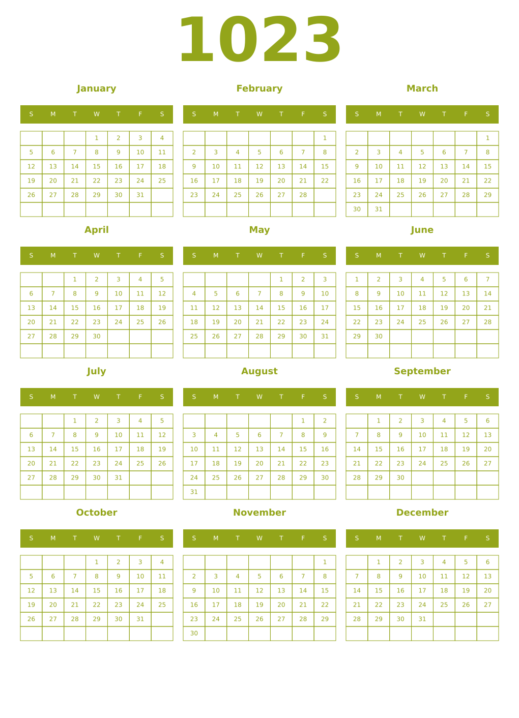 Printable 1023 Year Calendars chartreuse