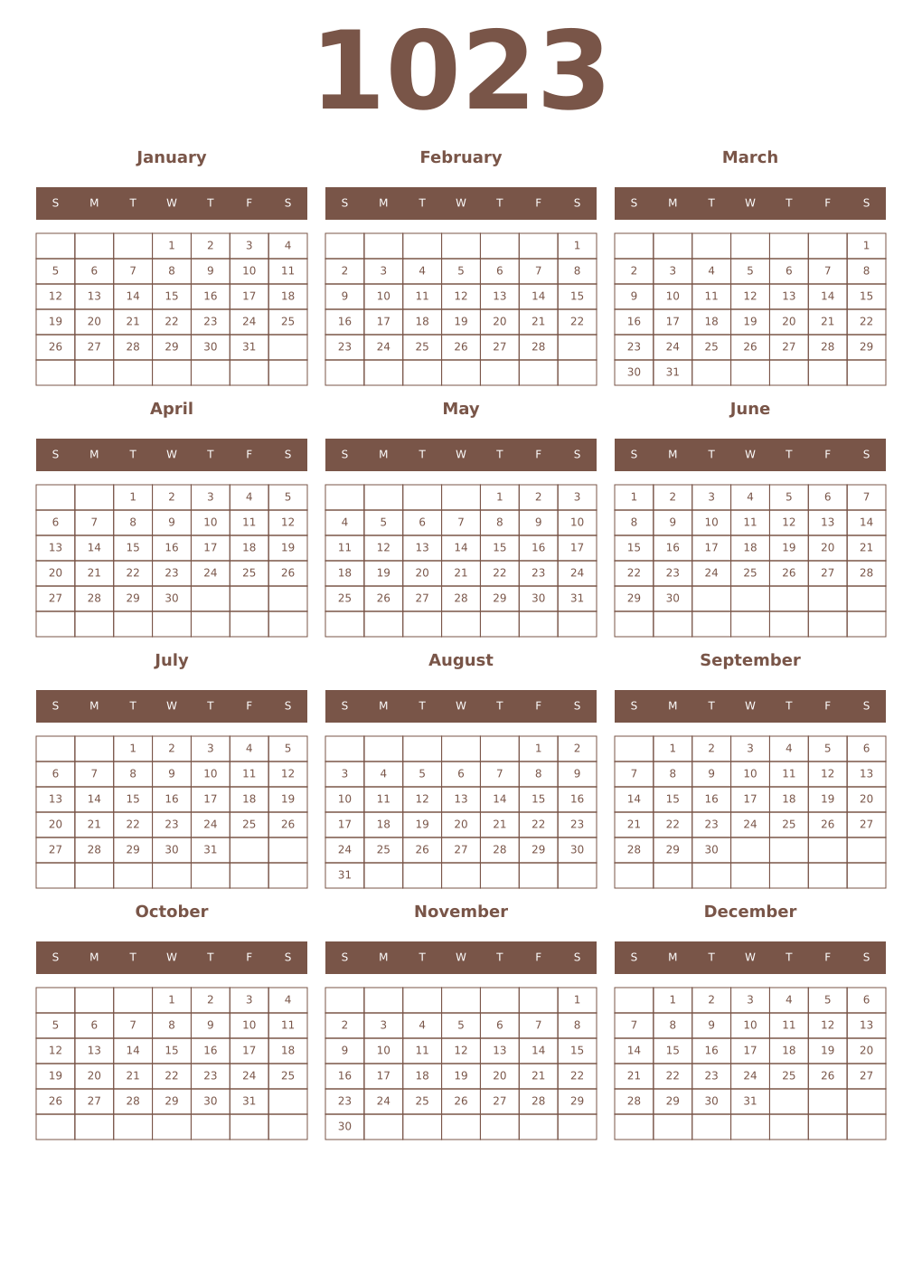 Printable 1023 Year Calendars coffe