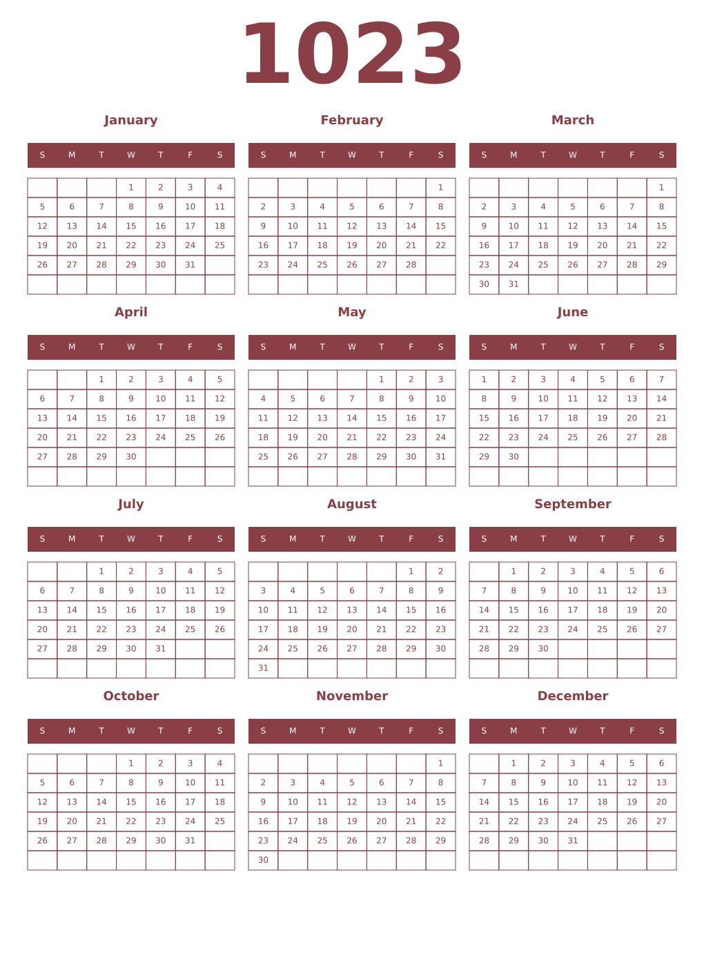 Printable 1023 Year Calendars cordovan