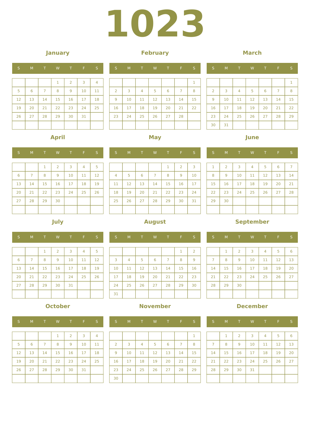 Printable 1023 Year Calendars eburnean