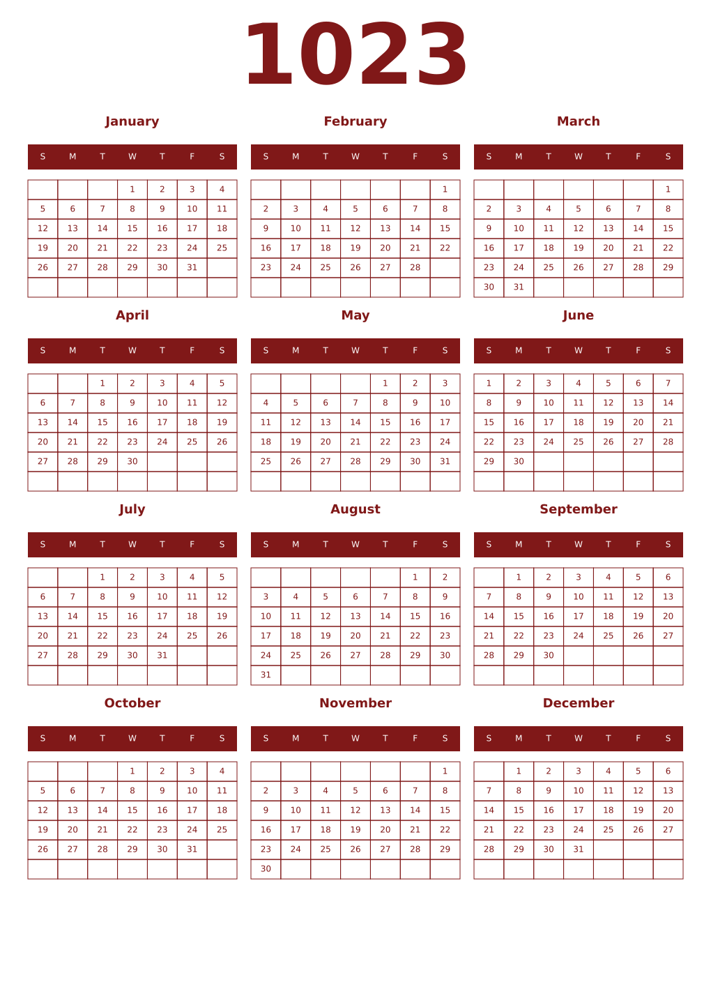 Printable 1023 Year Calendars falu