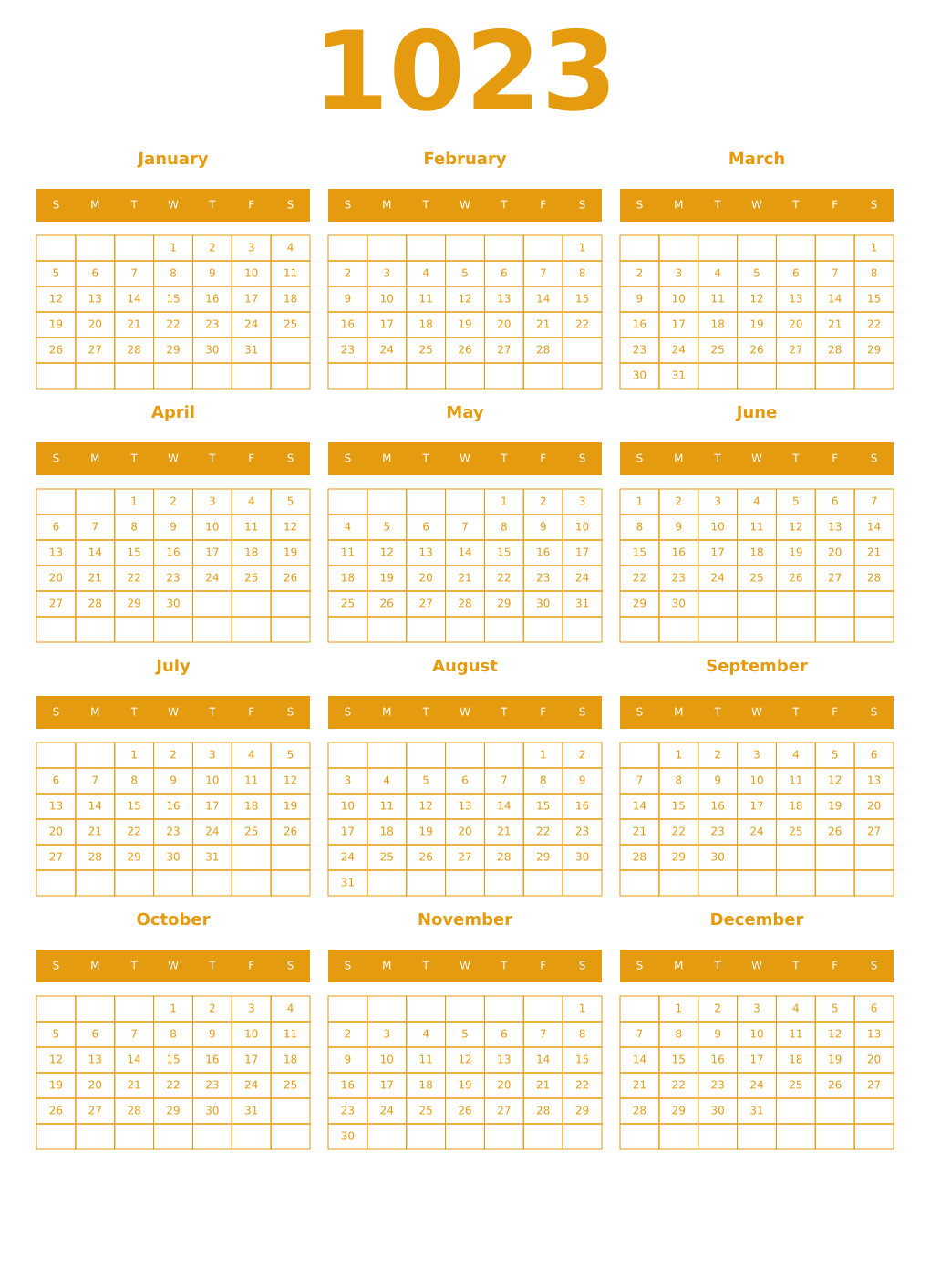 Printable 1023 Year Calendars gamboge