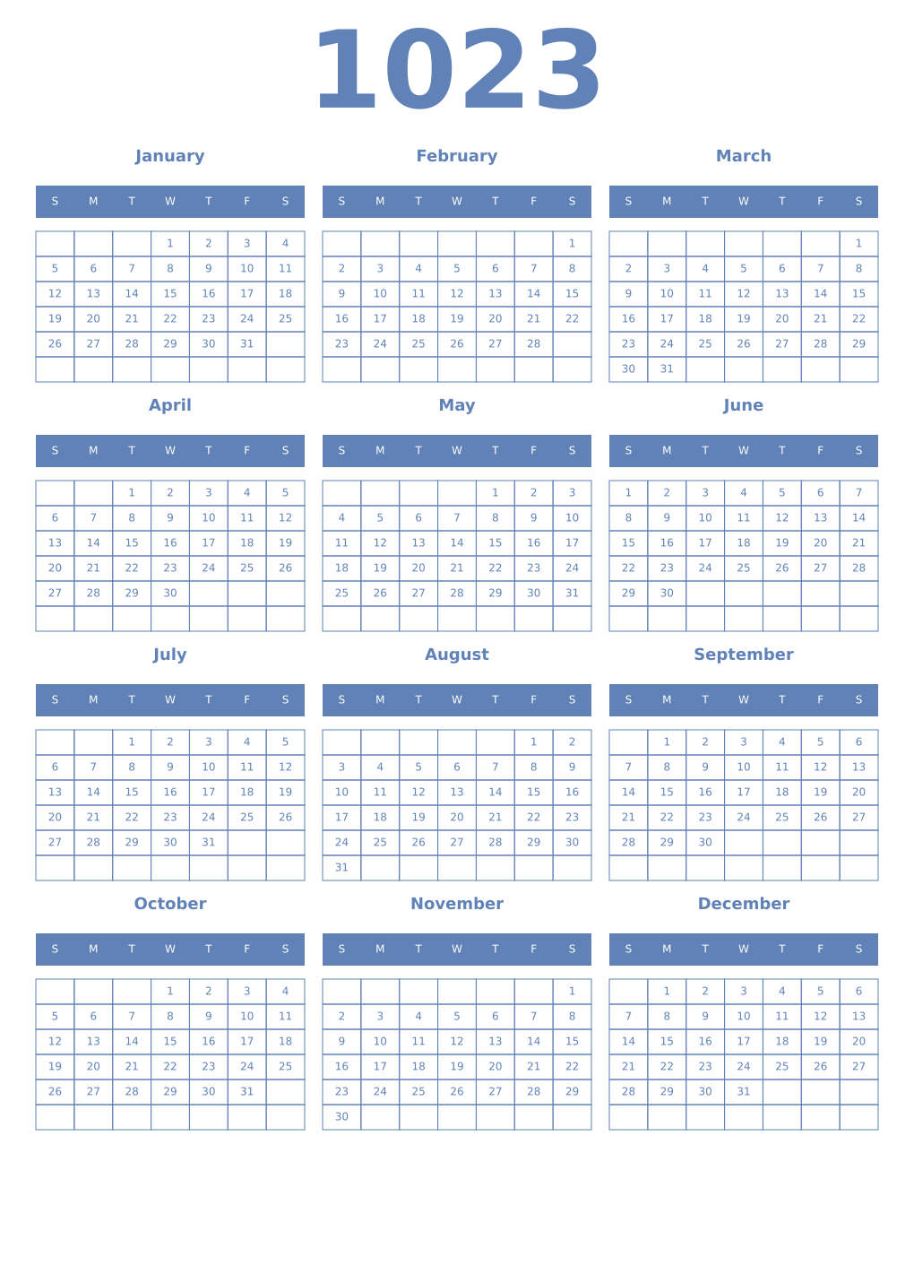 Printable 1023 Year Calendars glaucous